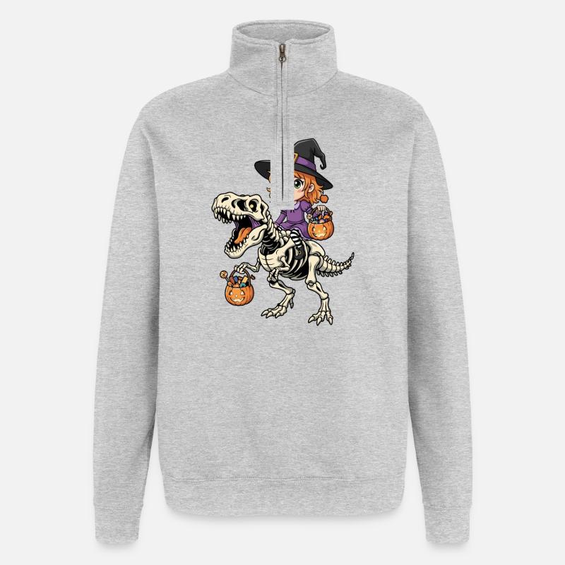 Witch Rides Skeleton T-Rex Halloween Dinosaur - Quarter-Zip Sweatshirt - heather grey