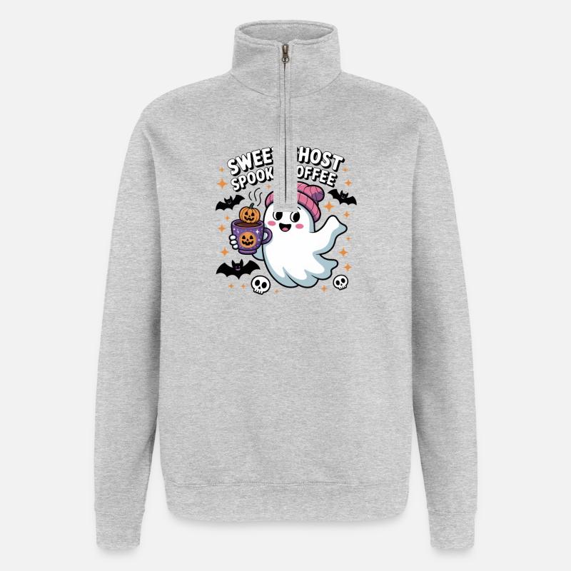 Fantôme Doux Café Halloween - Sweat à zip 1/4 - gris chiné
