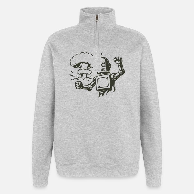 Robot rétro devant un nuage d’explosion - Sweat à zip 1/4 - gris chiné