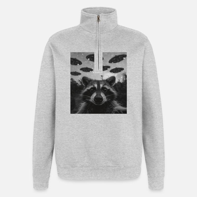Waschbär Selfie mit Alien UFO - Quarter-Zip-Sweatshirt - Grau meliert