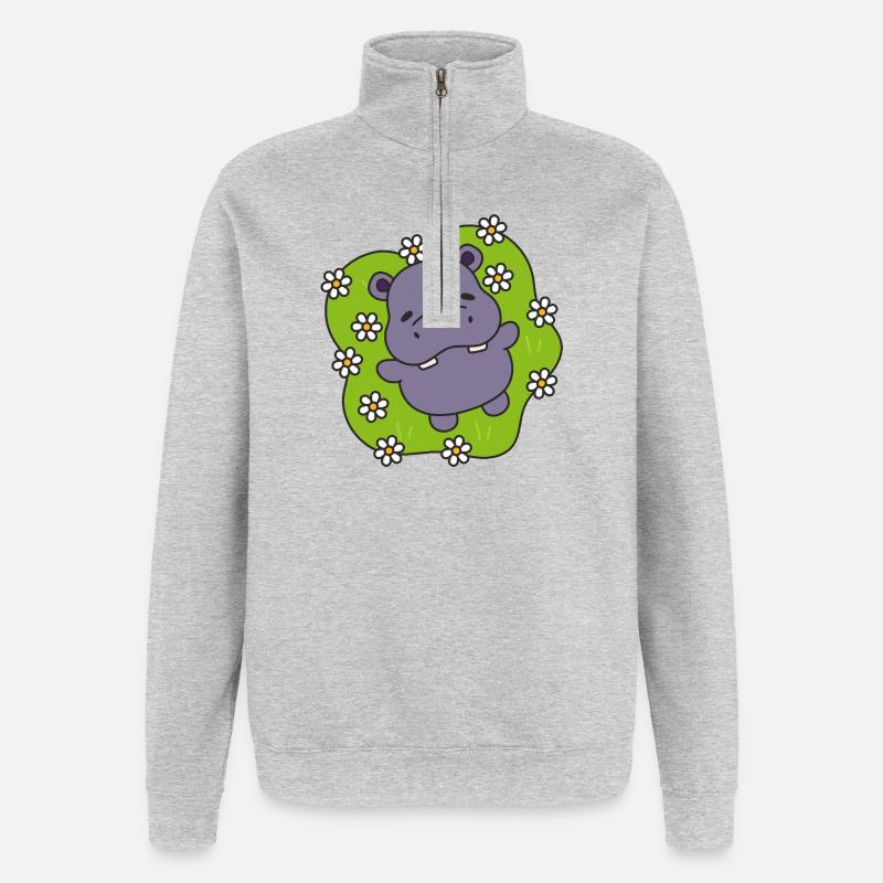 Hippo violet sur gazon fleuri - Sweat à zip 1/4 - gris chiné