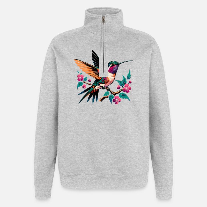 Colibri vibrant sur une branche fleurie - Sweat à zip 1/4 - gris chiné