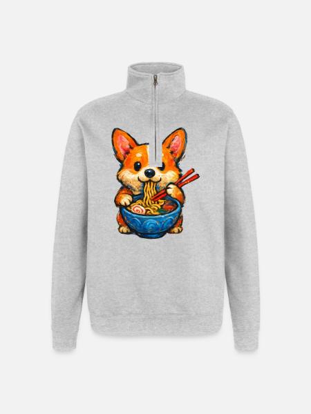 Corgi Eats Ramen Noodles - Quarter-Zip Sweatshirt - heather grey