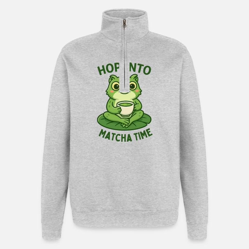 Matcha Frog Tea Time Motif Petit-déjeuner - Sweat à zip 1/4 - gris chiné