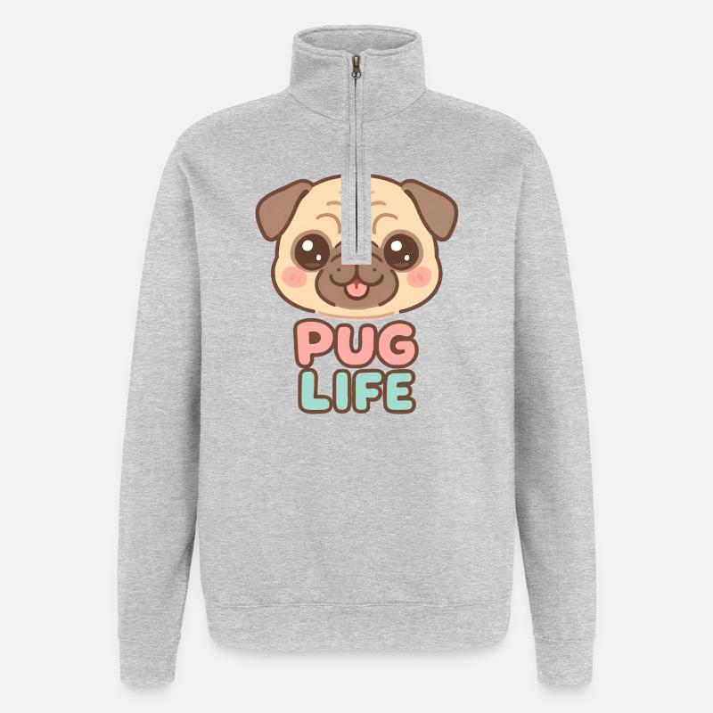 Kawaii Mops Hund - Mops Leben - Quarter-Zip-Sweatshirt - Grau meliert