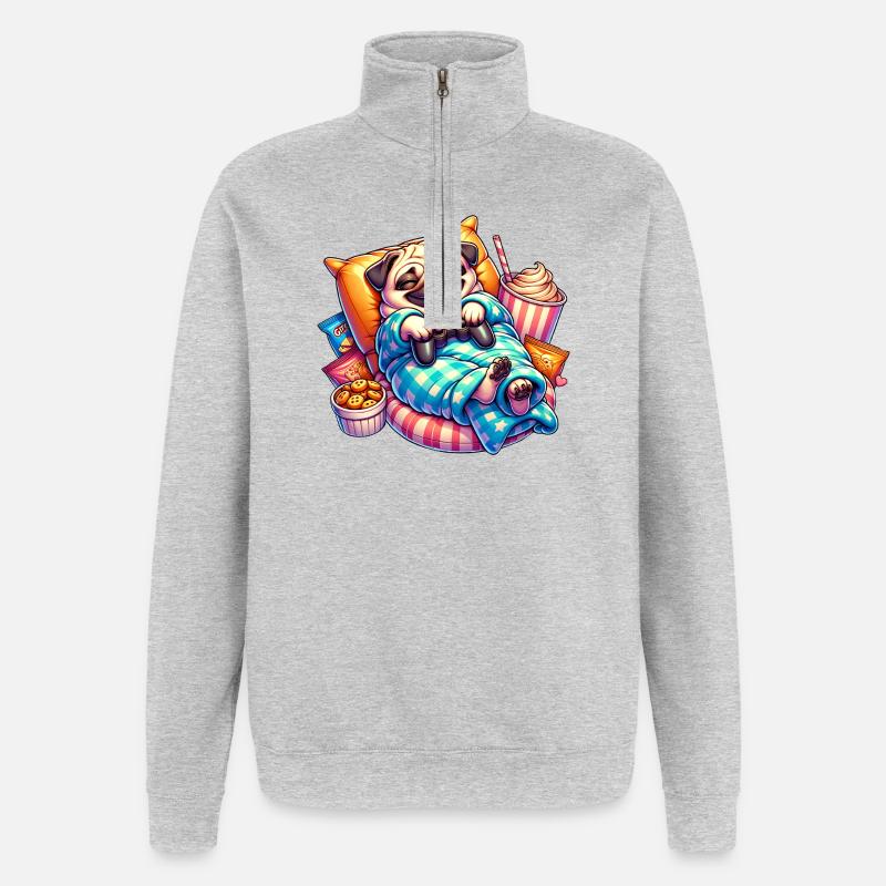 Entspannter Gaming Mops mit Snacks - Quarter-Zip-Sweatshirt - Grau meliert