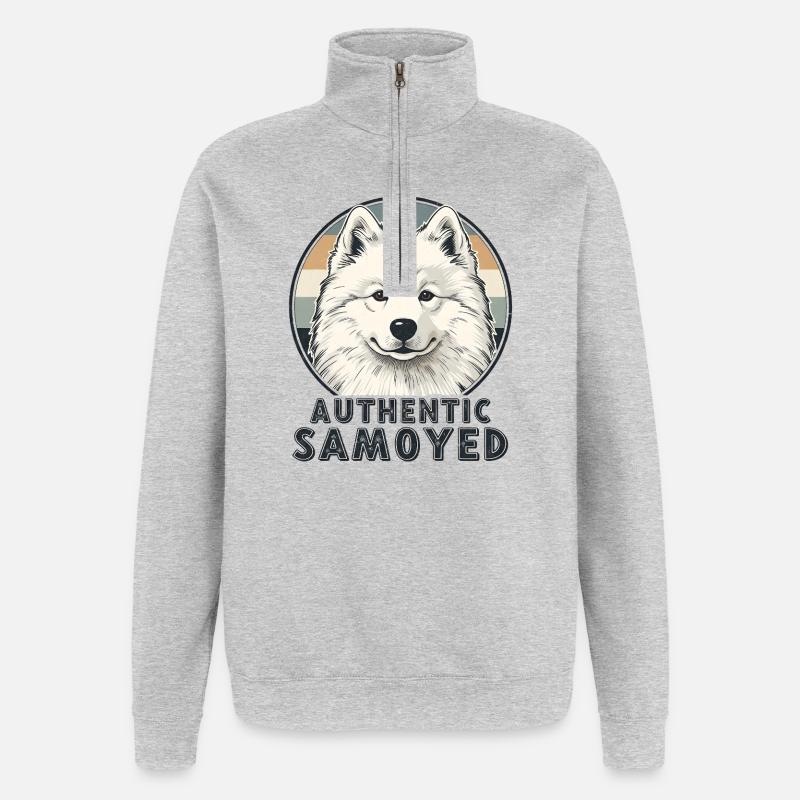 Authentic Samoyed Lächeln Retro Hund - Quarter-Zip-Sweatshirt - Grau meliert