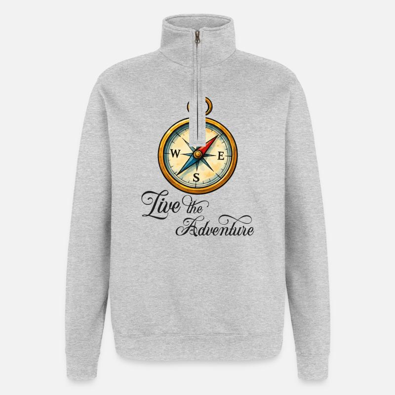 Motif boussole Vivez l’aventure - Sweat à zip 1/4 - gris chiné