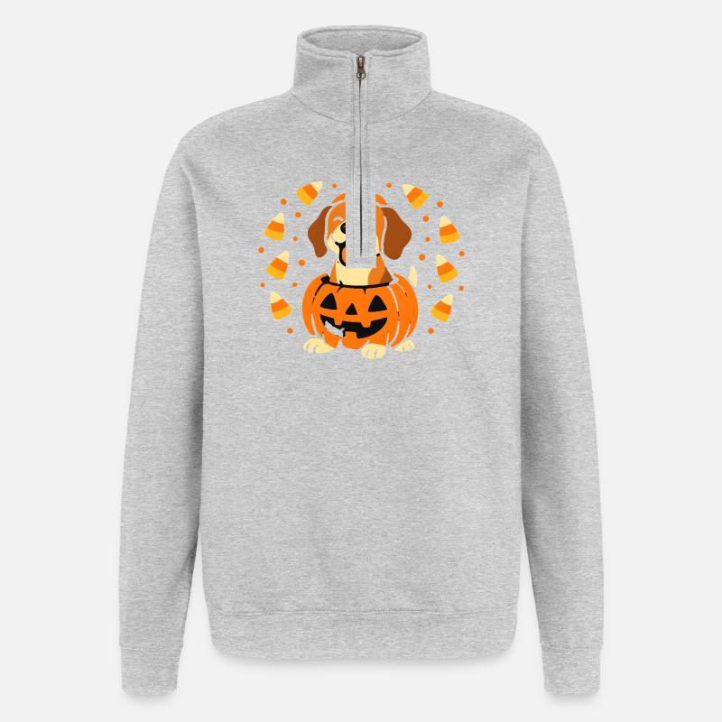 Chiot Halloween dans Citrouille Souriante - Sweat à zip 1/4 - gris chiné