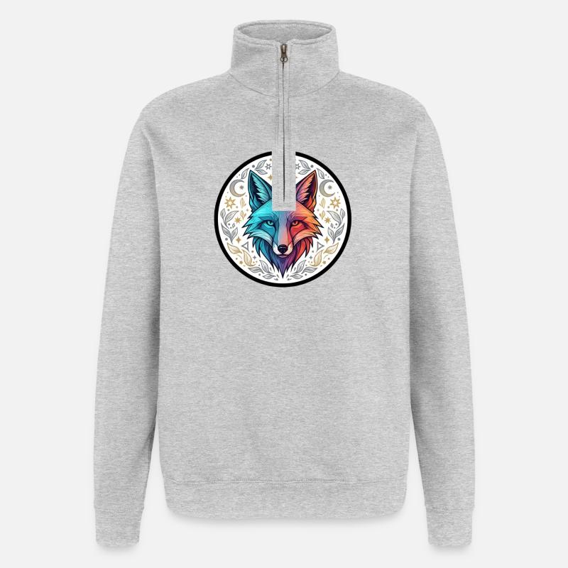 Bunter Wolf im Kreisornament - Quarter-Zip-Sweatshirt - Grau meliert