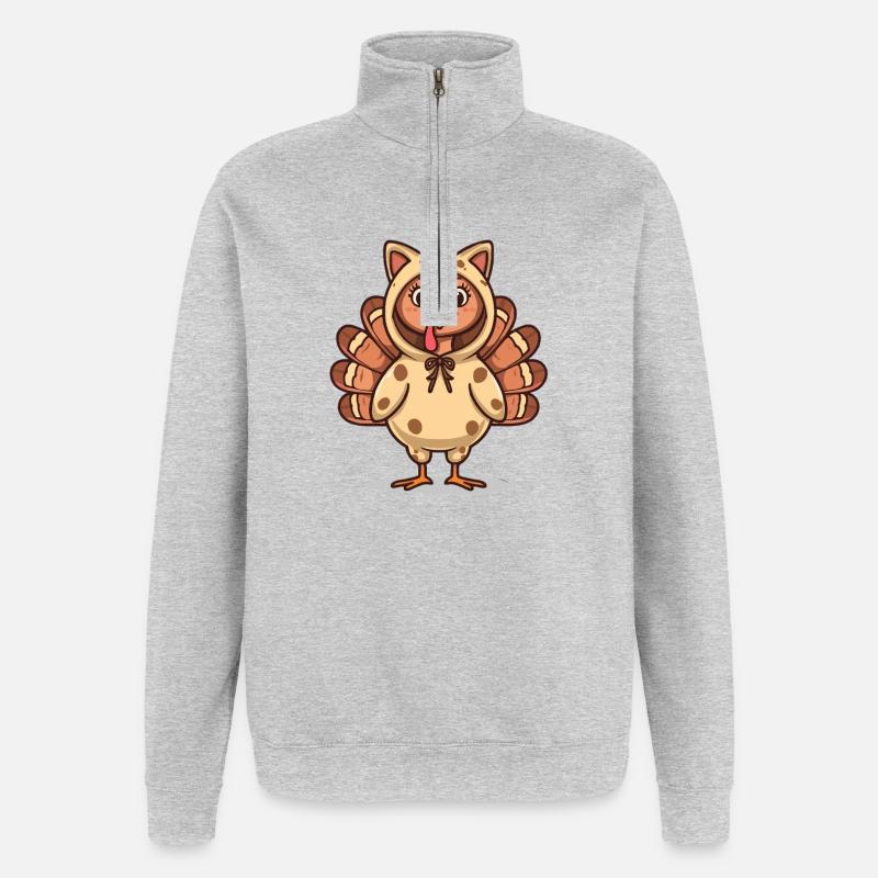 Drôle de chat de dinde Thanksgiving - Sweat à zip 1/4 - gris chiné