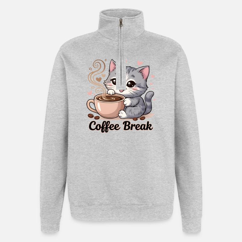 Chat mignon - Pause café - Sweat à zip 1/4 - gris chiné