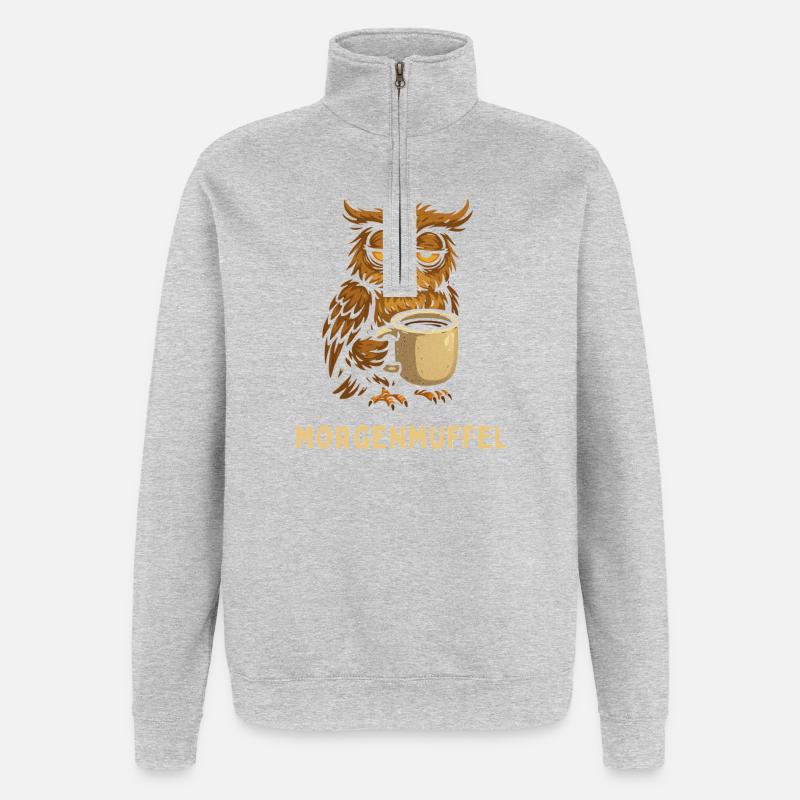 Morgenmuffel-Eule mit Kaffee - Quarter-Zip-Sweatshirt - Grau meliert