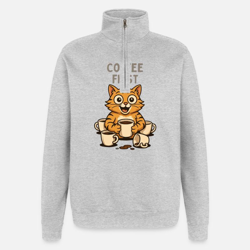 Kaffee First Katzen Kater Spaß Espresso  - Quarter-Zip-Sweatshirt - Grau meliert
