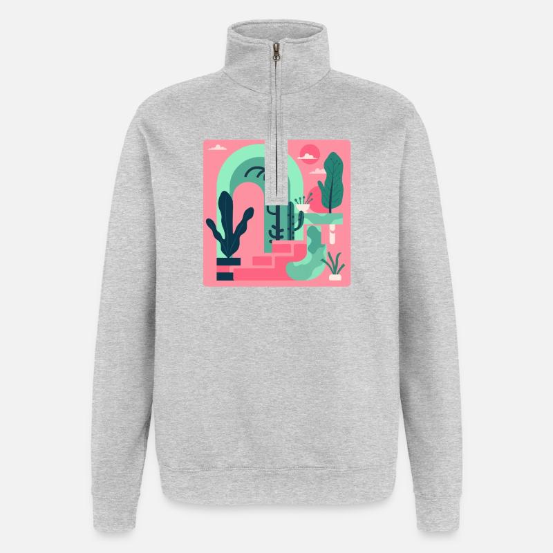 Abstrakte Gartenlandschaft in Pink Retro‑Stil - Quarter-Zip-Sweatshirt - Grau meliert