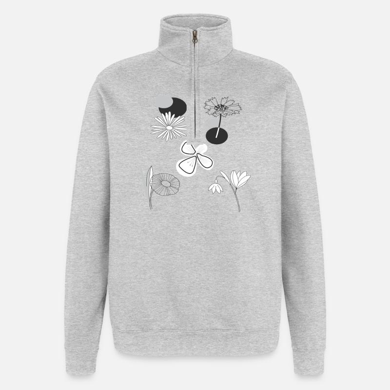 Fleurs noires et blanches - Sweat à zip 1/4 - gris chiné