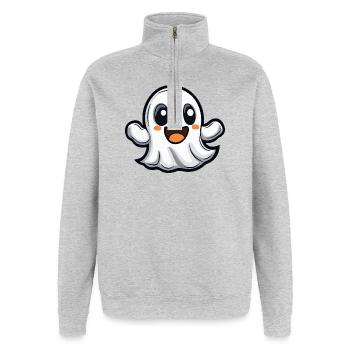 Fantôme Halloween Bande dessinée mignonne - Sweat à zip 1/4 - gris chiné - Devant - AI Model Female 172 light (172cm) & AI Model Male 178 dark (178cm)