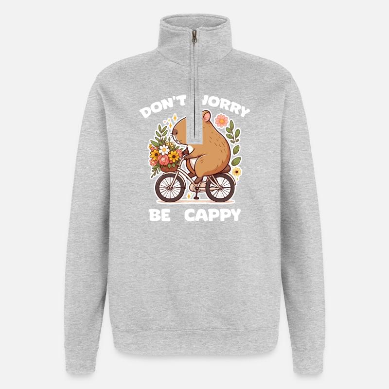 Capybara sur vélo fleuri - Sweat à zip 1/4 - gris chiné