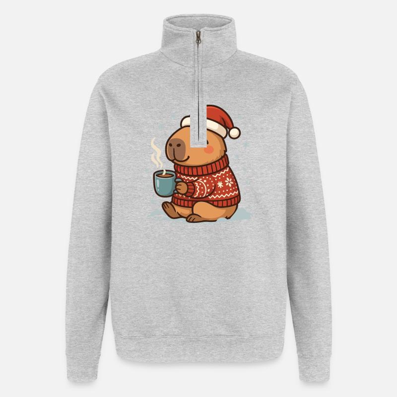 ✨ Cozy Capybara with Cocoa & Santa Hat - Quarter-Zip Sweatshirt - heather grey