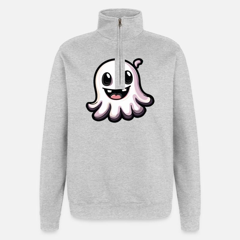 Fantôme Halloween Bande dessinée mignonne - Sweat à zip 1/4 - gris chiné