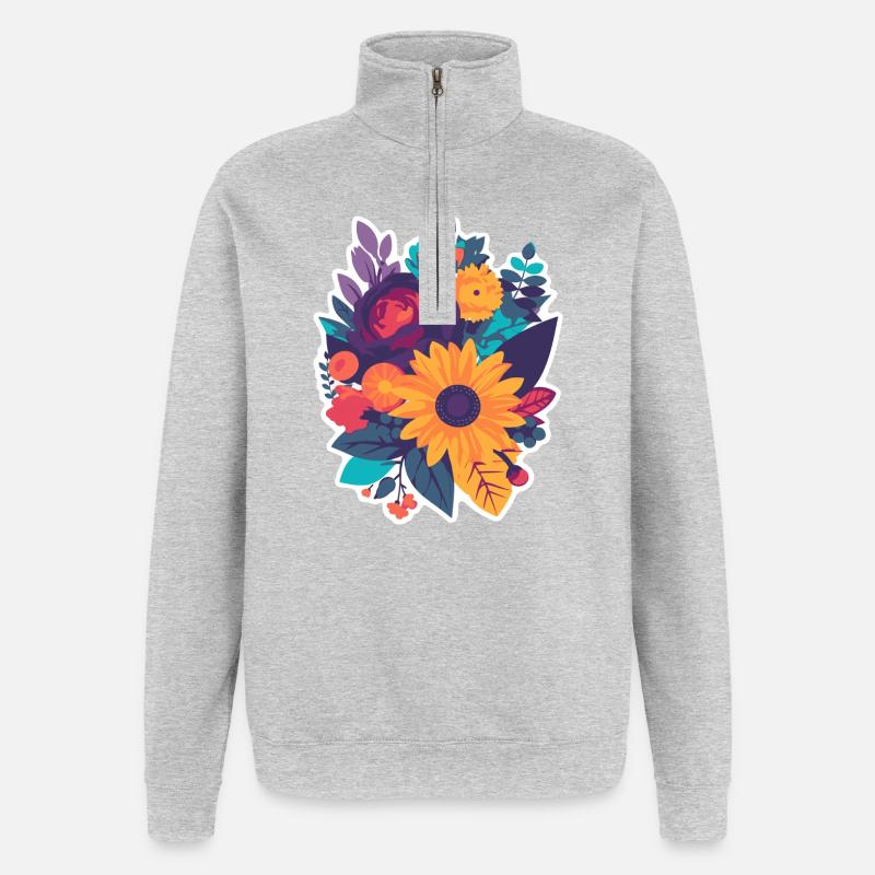 Bunter Blumenstrauß - Quarter-Zip-Sweatshirt - Grau meliert