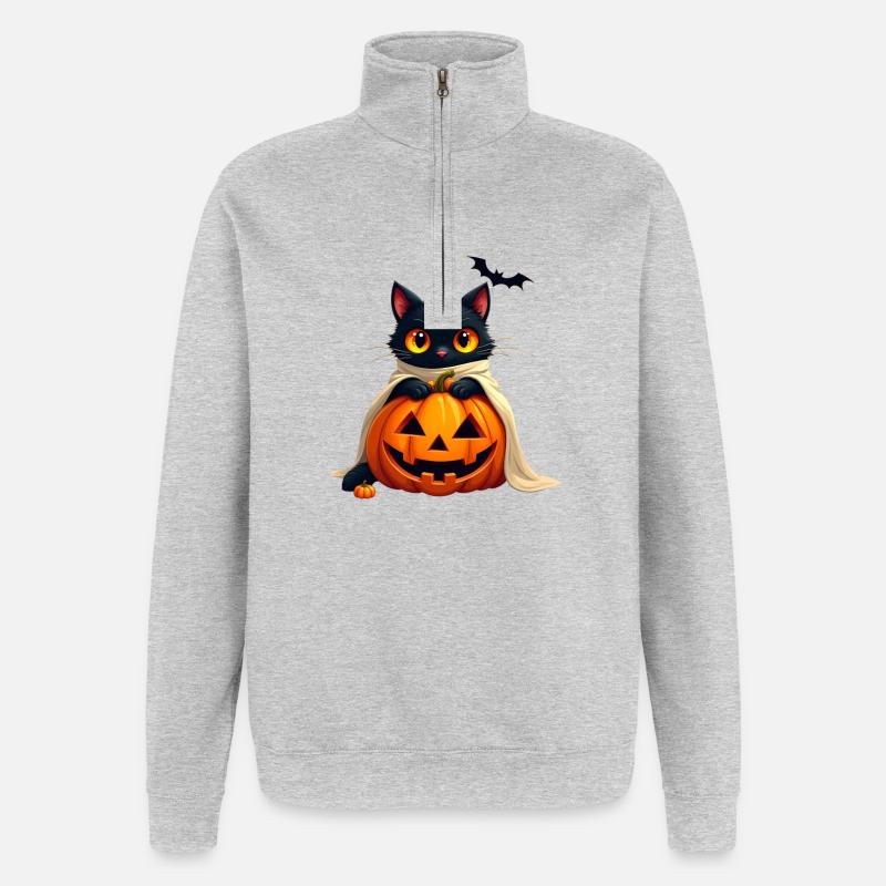 Chat d’Halloween avec citrouille d’Halloween - Sweat à zip 1/4 - gris chiné