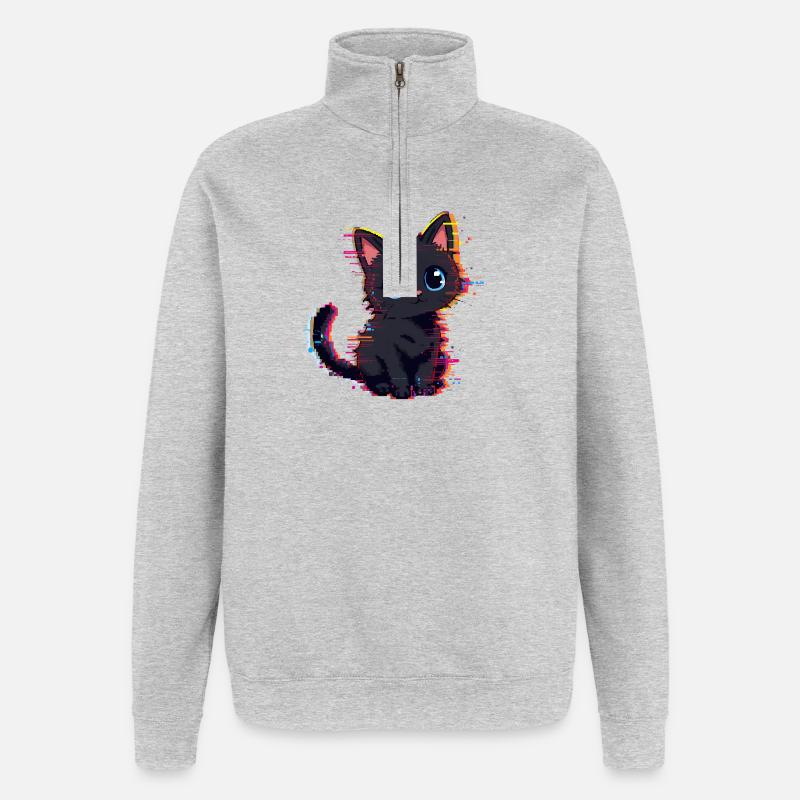 Neon Glitch Schwarze Katze Niedlich - Quarter-Zip-Sweatshirt - Grau meliert