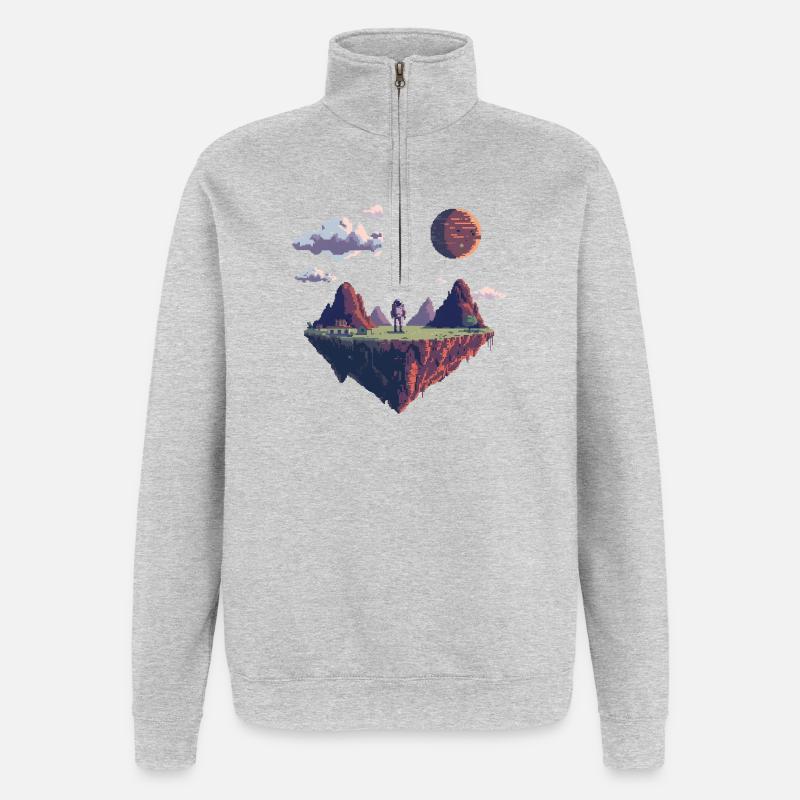 8-Bit Pixel Astronaut auf Schwebender Insel - Quarter-Zip-Sweatshirt - Grau meliert