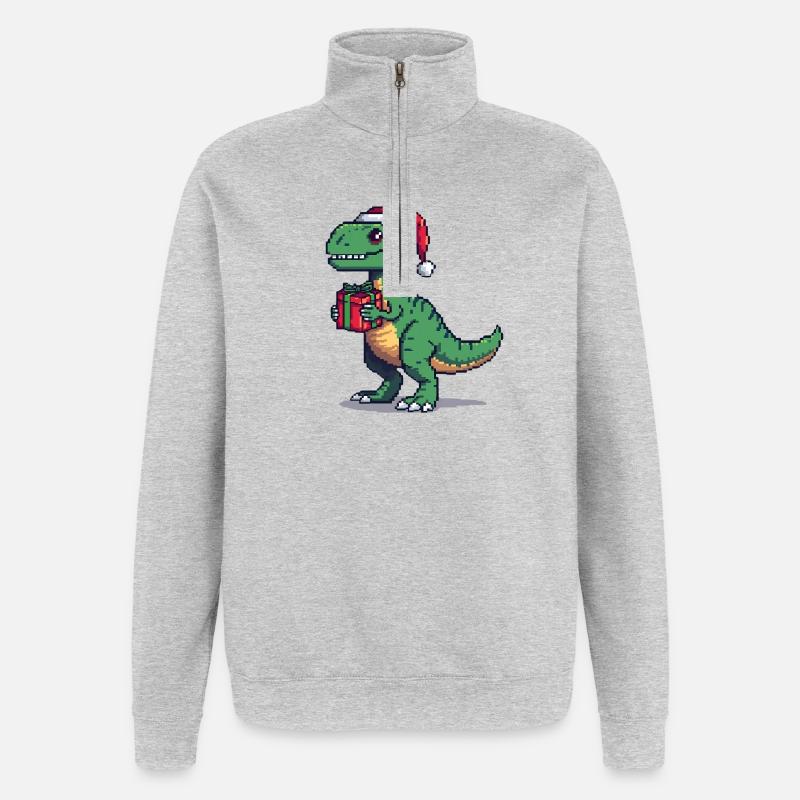 Vélociraptor 8 bits Pixel Noël - Sweat à zip 1/4 - gris chiné