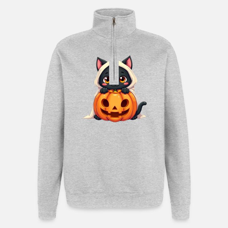Chat d’Halloween avec citrouille d’Halloween - Sweat à zip 1/4 - gris chiné