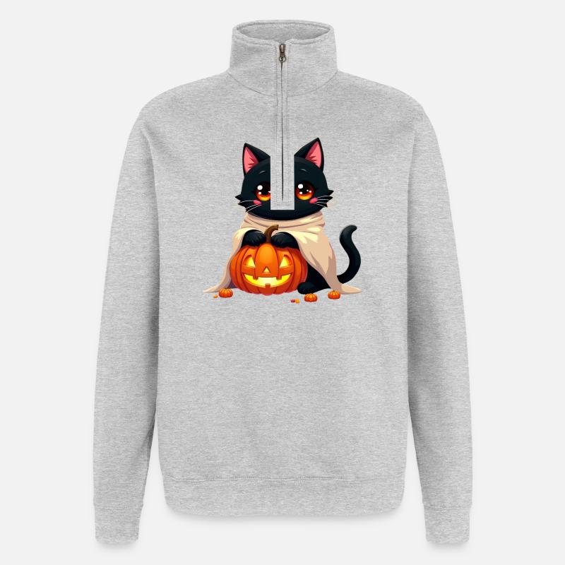 Chat d’Halloween avec citrouille d’Halloween - Sweat à zip 1/4 - gris chiné