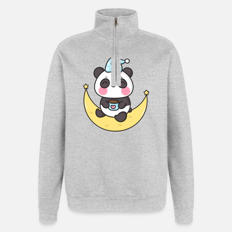 Panda Céleste sur la Lune - Sweat à zip 1/4 - gris chiné