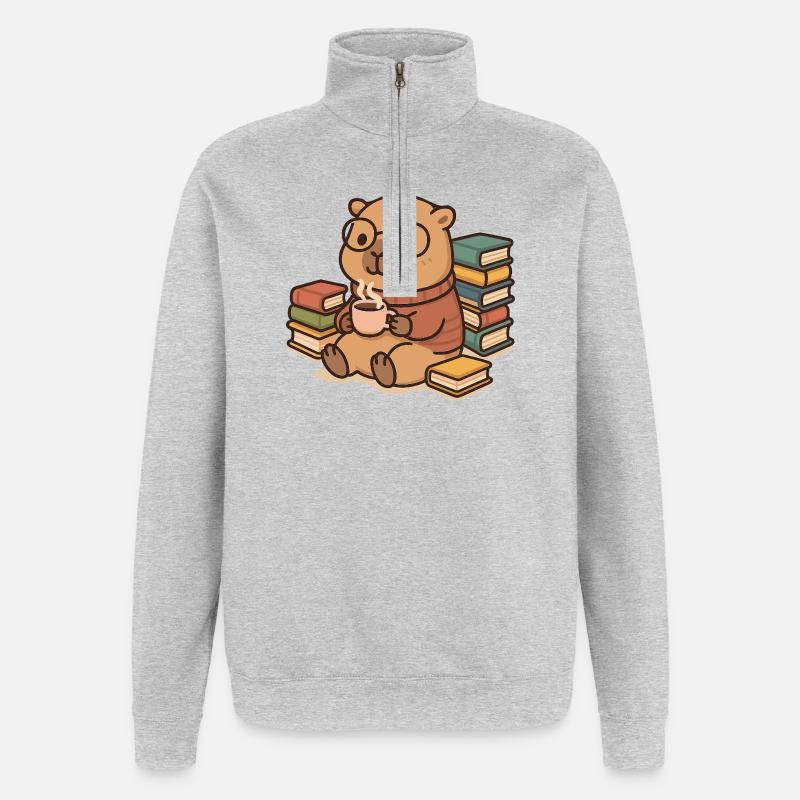 Capybara Leseratte – Bücher & Kaffee ☕📚 - Quarter-Zip-Sweatshirt - Grau meliert