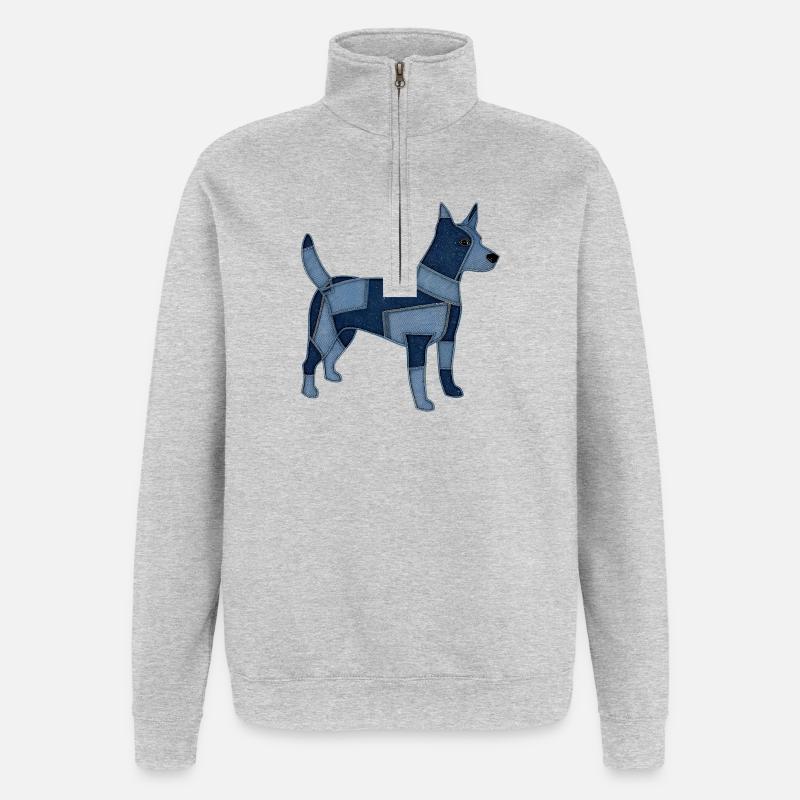 Chien en patchwork en denim - Sweat à zip 1/4 - gris chiné