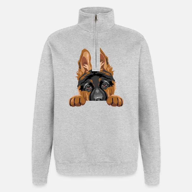 Schüchterner spähender Deutscher Schäferhundwelpe - Quarter-Zip-Sweatshirt - Grau meliert