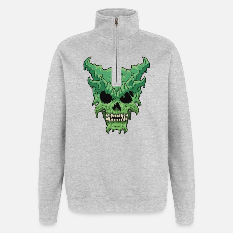 Tropfender grüner Dämonenschädel - Quarter-Zip-Sweatshirt - Grau meliert