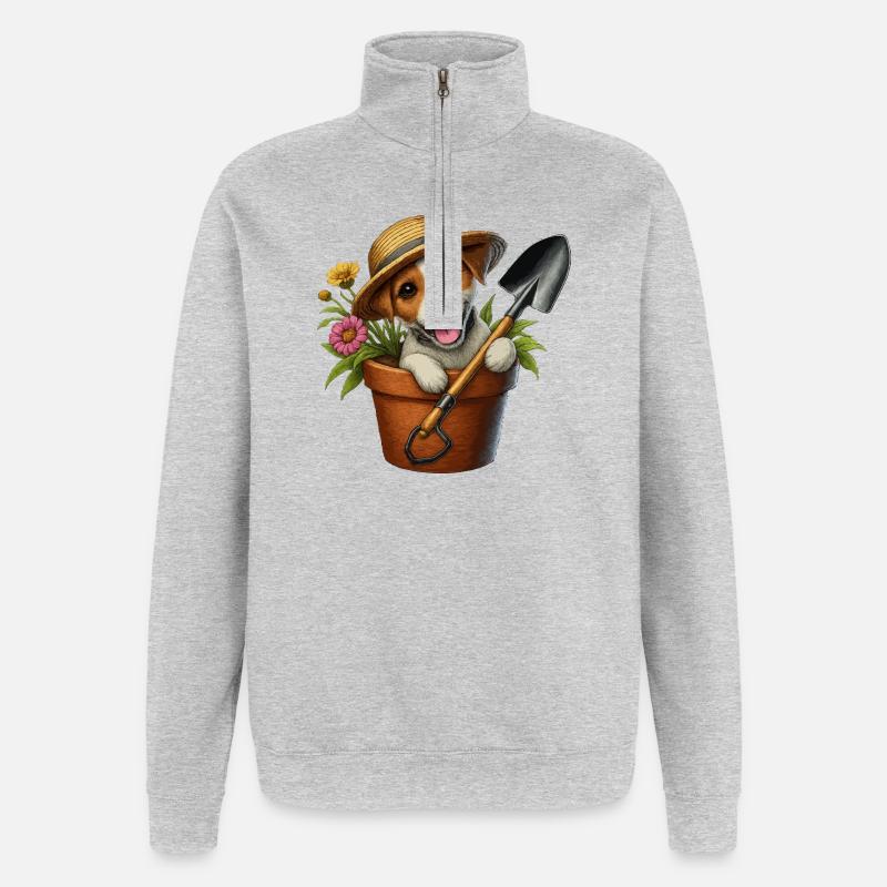 Jack Russell Terrier Blumentopf Gartendesign - Quarter-Zip-Sweatshirt - Grau meliert