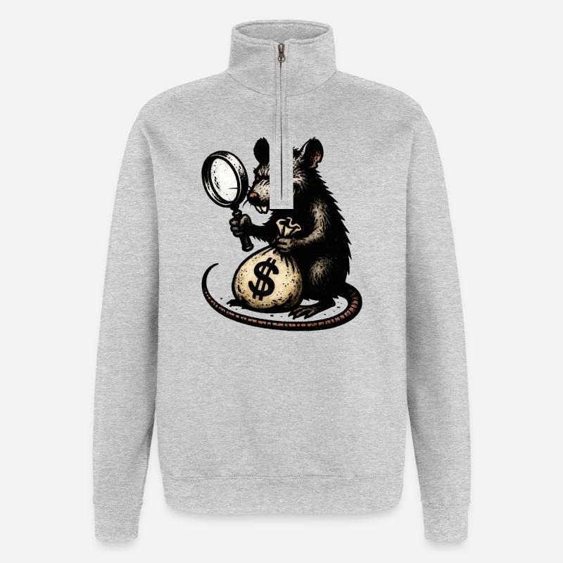 Ratte mit Lupe und Geldsack - Quarter-Zip-Sweatshirt - Grau meliert