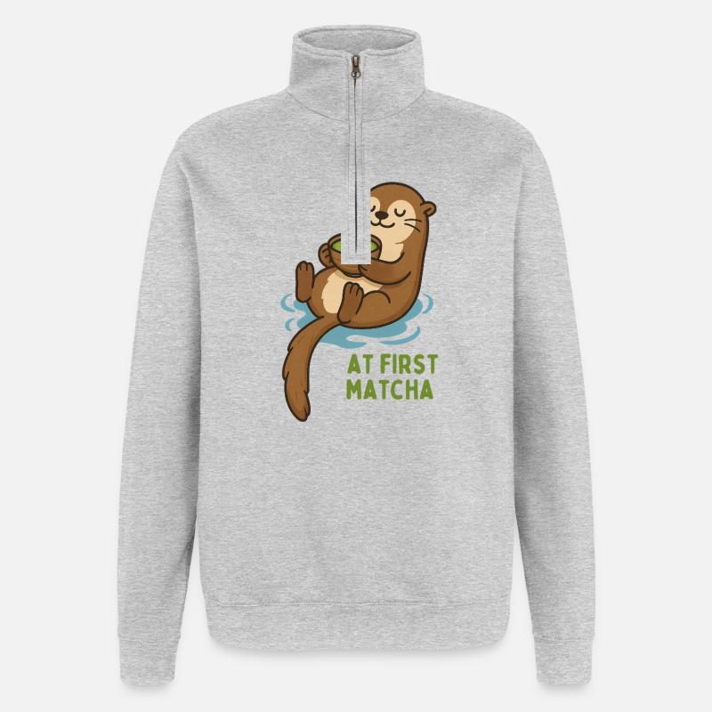 Otter mit Matcha Genuss - Quarter-Zip-Sweatshirt - Grau meliert