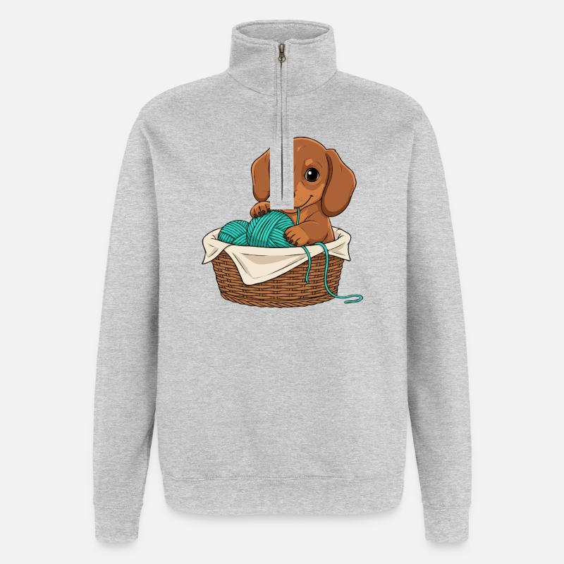 Chiot teckel dans un panier - Sweat à zip 1/4 - gris chiné