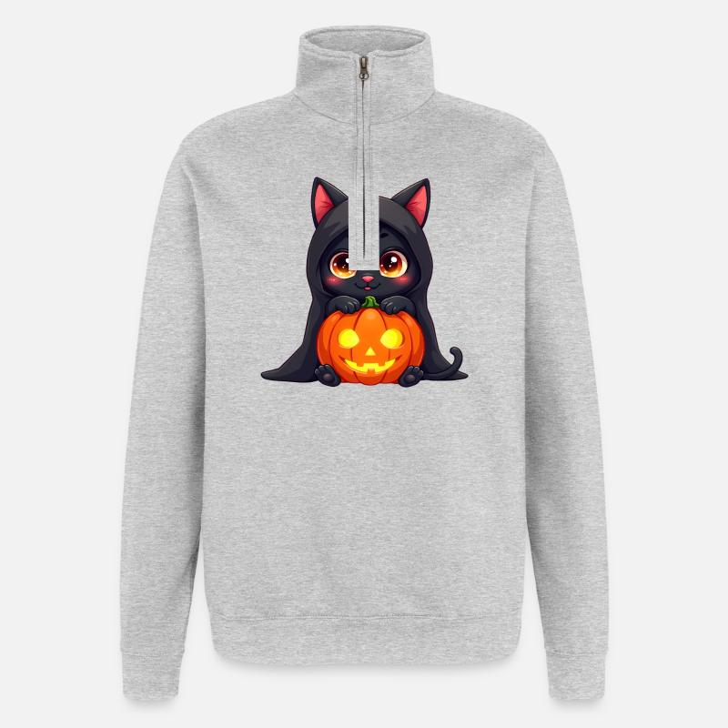Chat d’Halloween avec citrouille d’Halloween - Sweat à zip 1/4 - gris chiné