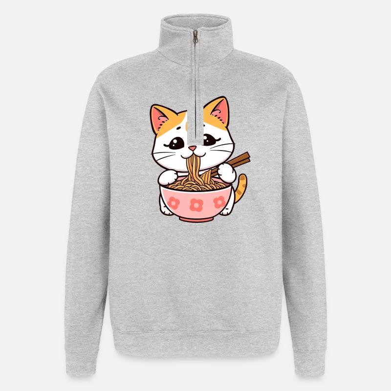 Le chat mange des nouilles ramen - Sweat à zip 1/4 - gris chiné