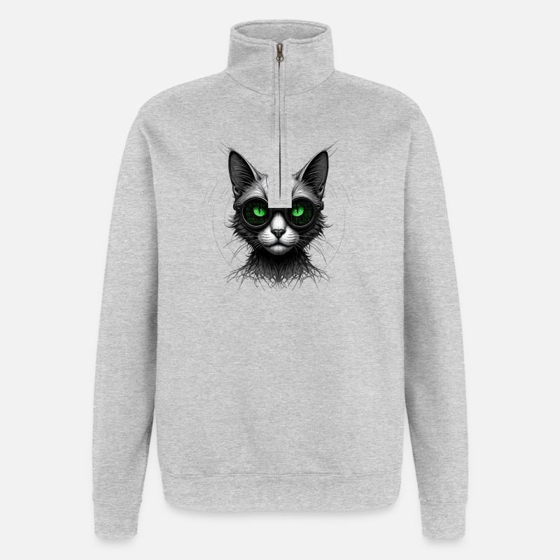 Green Eyes Computer Coder Geek Cat - Quarter-Zip Sweatshirt - heather grey