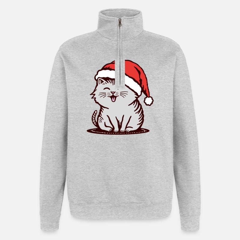 Chat au chapeau de Père Noël - Sweat à zip 1/4 - gris chiné