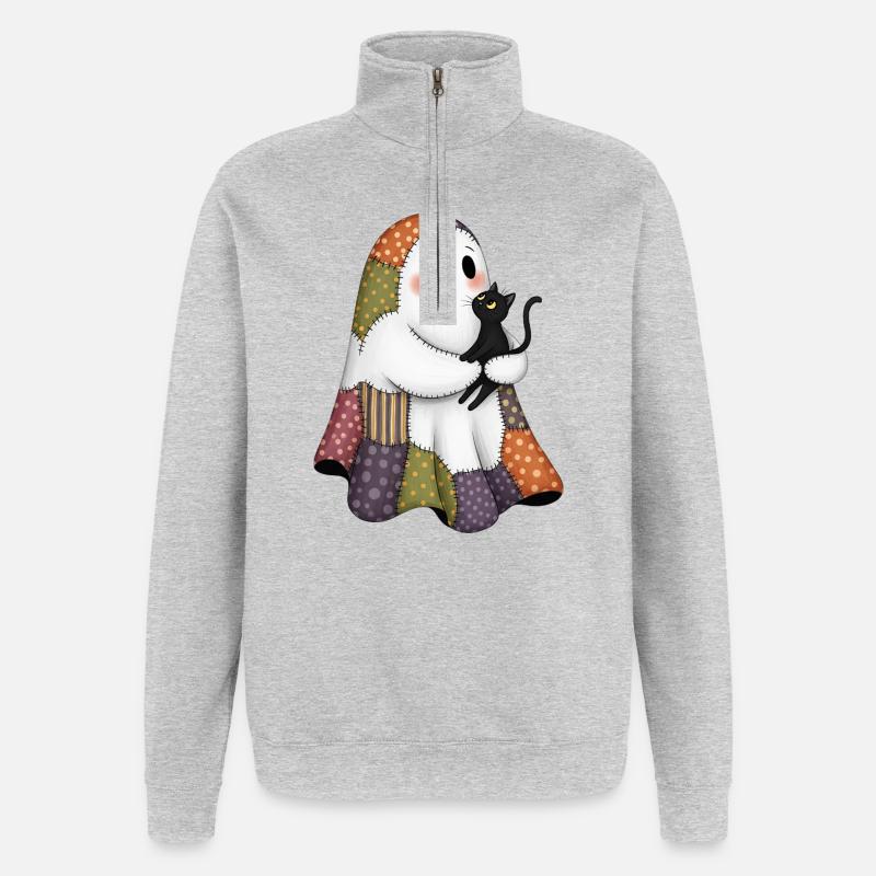 Patchwork fantôme avec chat noir - Sweat à zip 1/4 - gris chiné