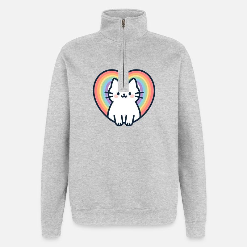 Kawaii Regenbogen Herz Katze - Quarter-Zip-Sweatshirt - Grau meliert