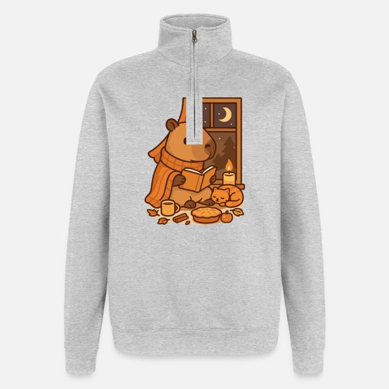 Capybara Reading Nook – Cozy Herbstabend - Quarter-Zip-Sweatshirt - Grau meliert
