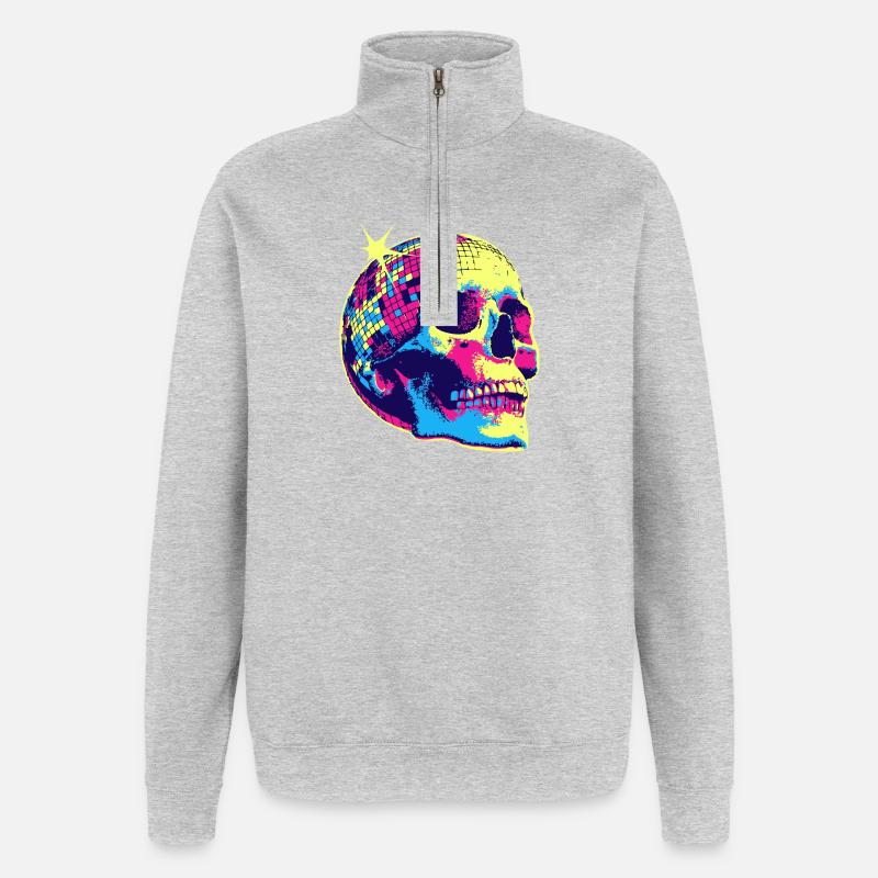 Crâne disco néon - Sweat à zip 1/4 - gris chiné