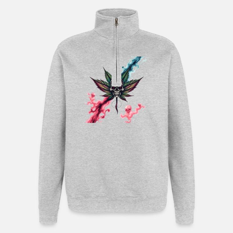 Skull mit farbigem Cannabisblatt - Quarter-Zip-Sweatshirt - Grau meliert