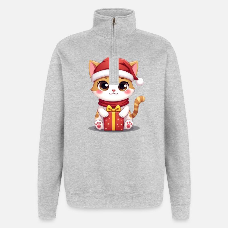 Chat mignon Noël avec cadeau - Sweat à zip 1/4 - gris chiné
